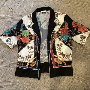 Sandro Multicolor Leaf Pattern Silk Blouse